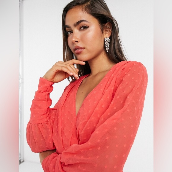 ASOS DESIGN Red Swiss Dot Pleated Mini Dress | US 8 | Wrap V Neck - Picture 2 of 7